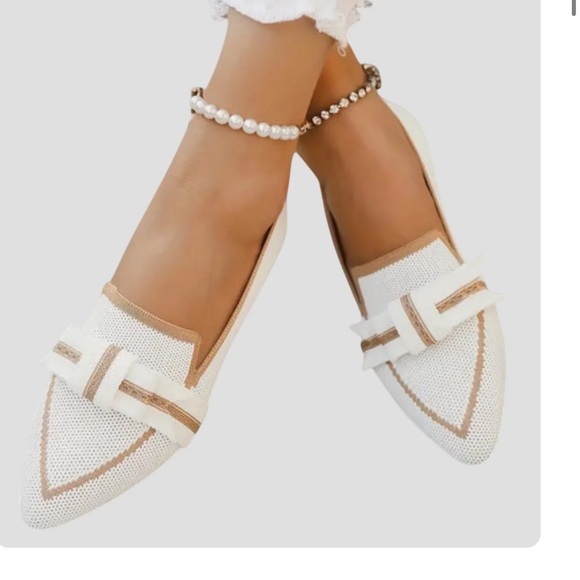Shoes - Women's White Pointed Toe Slip-On Flats with Tan Trim Never Worn